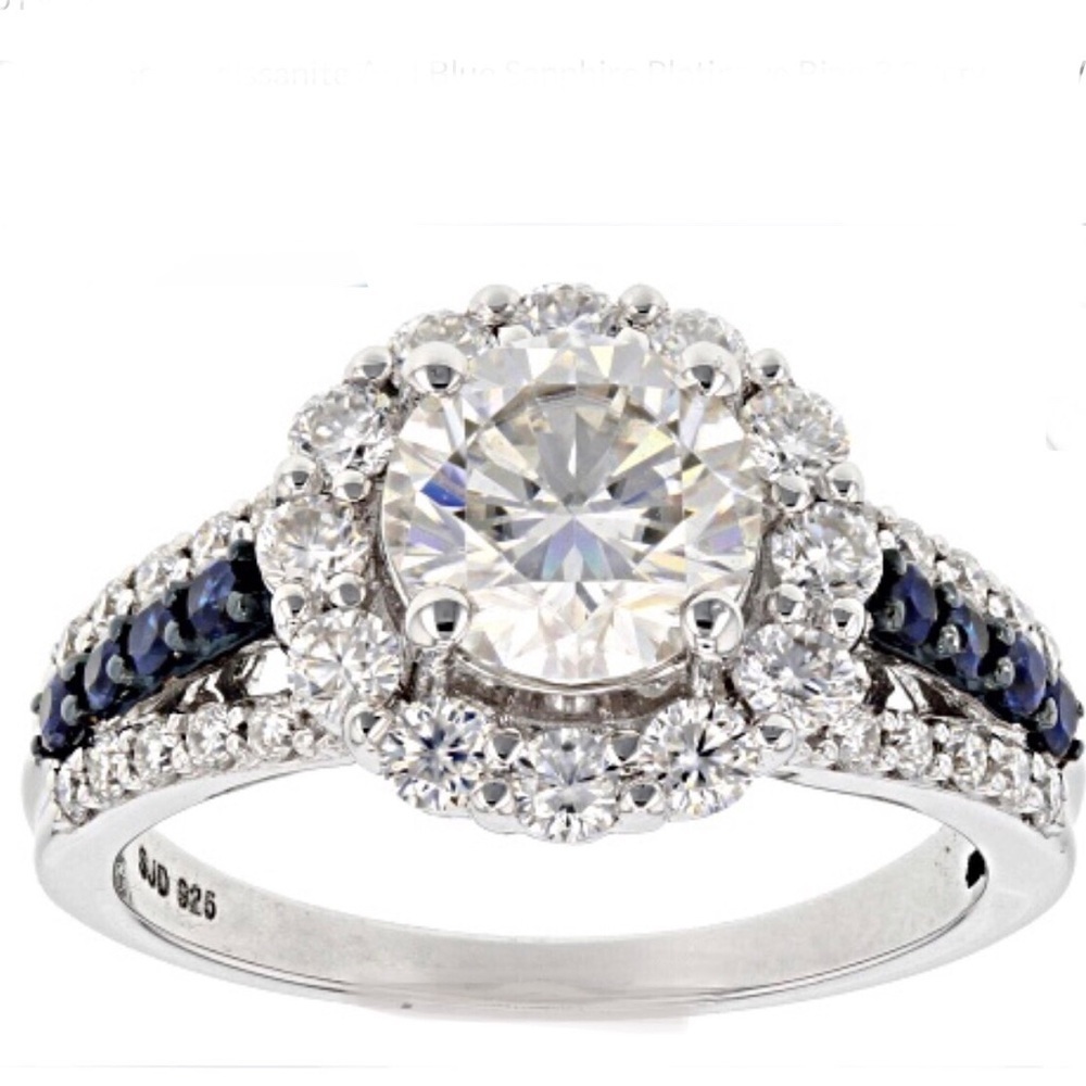Moissanite Ring Blue Sapphire Platineve Halo Size 6